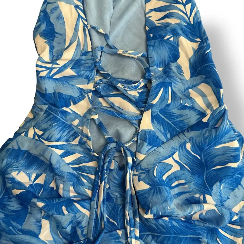 DO+BE NWT Tropical Halter Mini Dress Blue White Leaf Print Back Tie Medium - Picture 8 of 11
